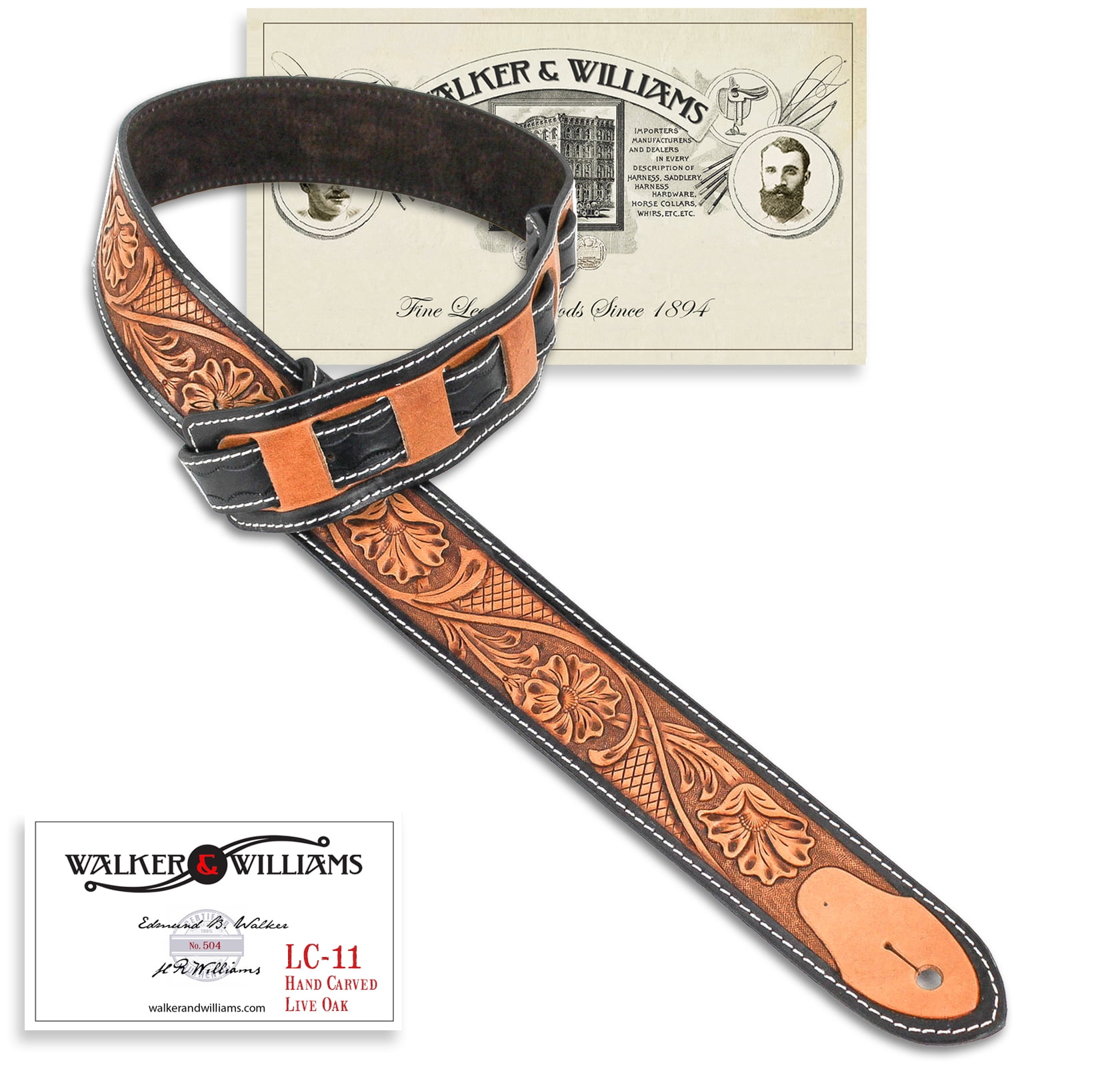 Walker & Williams LC-11 100% Handmade Leather Guitar Strap with Hand Tooled Live Oak Pattern