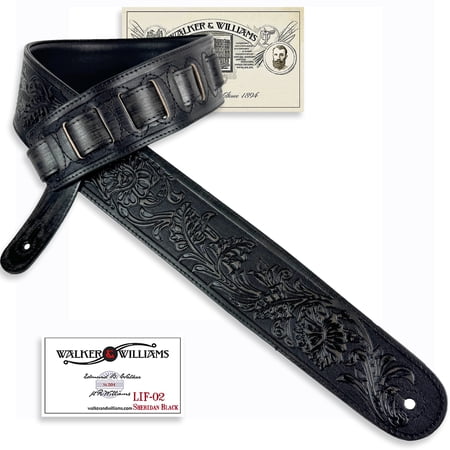 Walker & Williams LIF-02 Weathered Black Leather Padded Strap with Traditional Live Oak Tooling