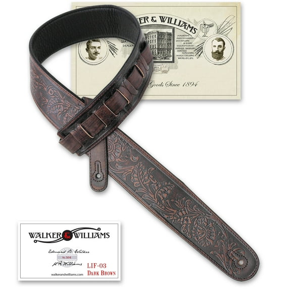 Walker & Williams LIF-03 Weathered" Dark Brown Padded Guitar Strap with Live Oak Tooling