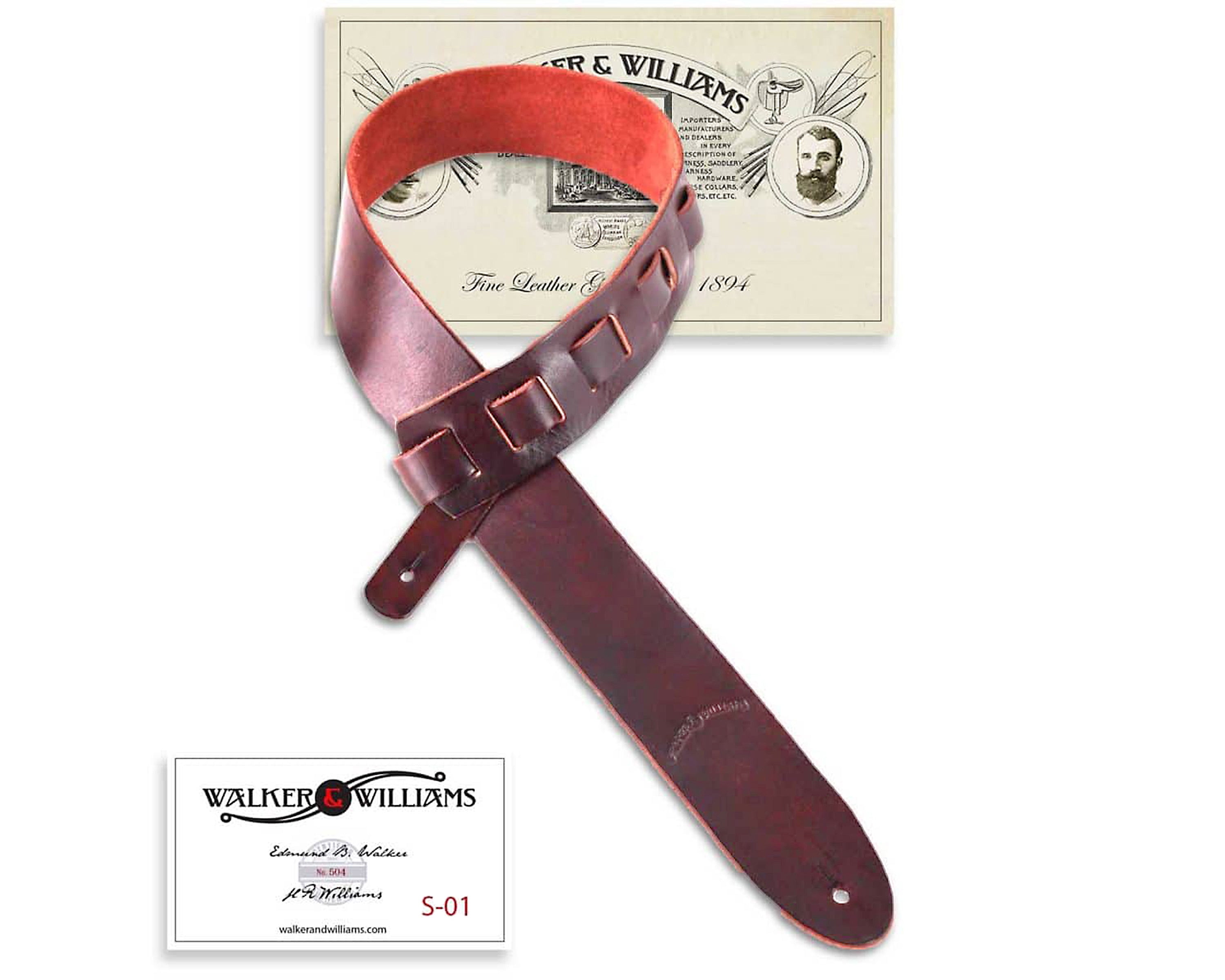 Walker & Williams S-01 Oxblood Brown Full Grain Extra Thick Soft Italian Leather Rugged Finish Guitar Strap