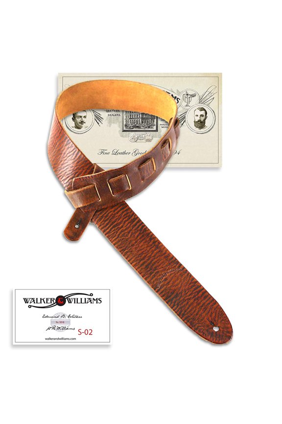S-02 Heavy Textured Whiskey Brown Full Grain Extra Thick Soft Italian Leather Rugged Finish Guitar Strap