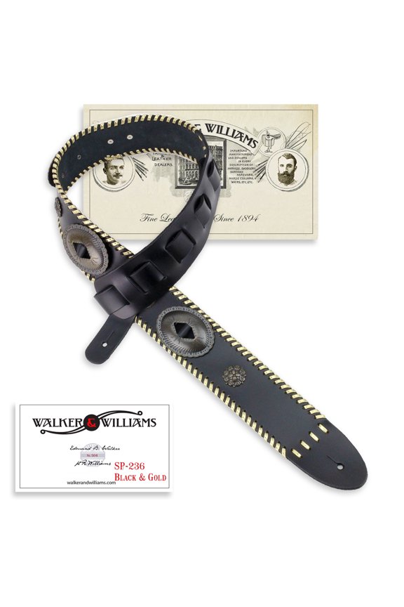 SP-236 Black Italian Leather Guitar Strap with Conchos & Gold Trim