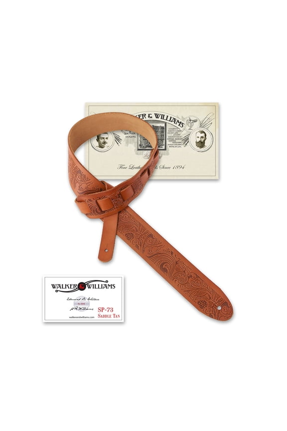 SP-73 Saddle Tan Italian Leather Guitar Strap with Live Oak Tooling
