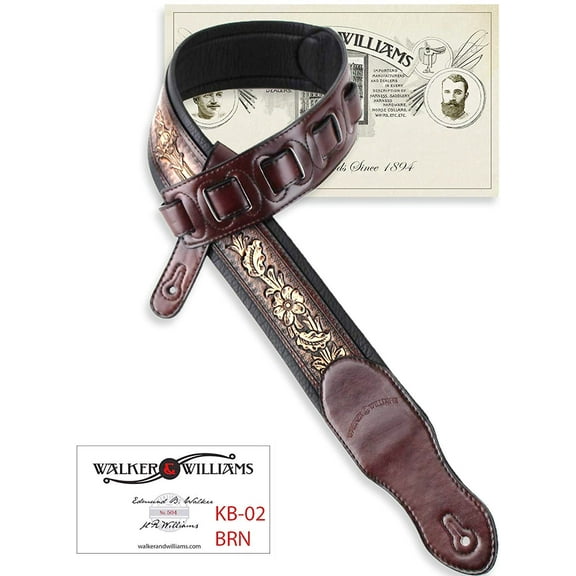 Walker and Williams KB-02-BRN Rustic Brown Carving Leather Padded Guitar Strap With Floral Skull & Cross