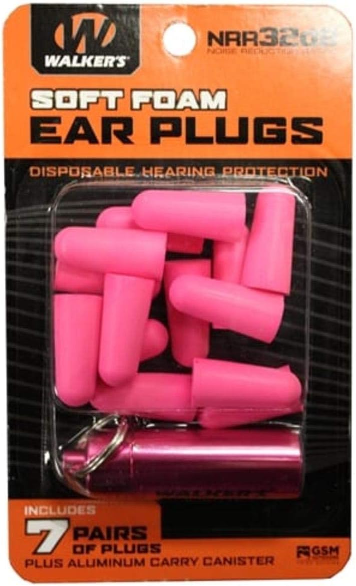 Walker's 7 Pairs Neon Pink Foam Ear Plugs with Black Aluminum Canister