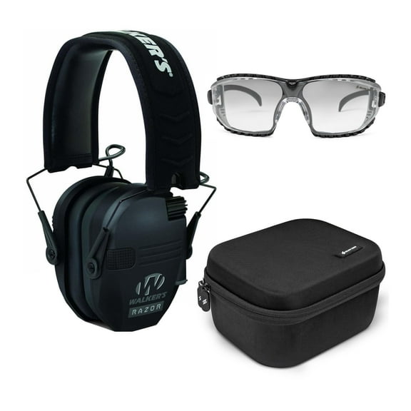 Walker's Game Ear Razor Slim Electronic Lightweight Shooting Hunting Range Hearing Protection Muffs Glasses Bundle