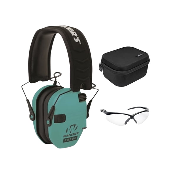 Walker's Razor Slim Electronic Ear Muff (Light Teal) Bundle with Protective Glasses and Hard Case (3 Items)