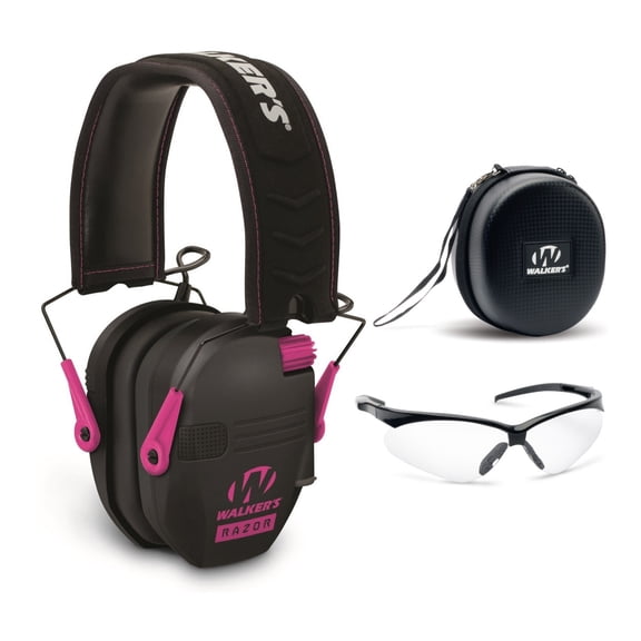 Walker’s Razor Slim Electronic Muff (Black/ Pink) with Case and Shooting Glasses