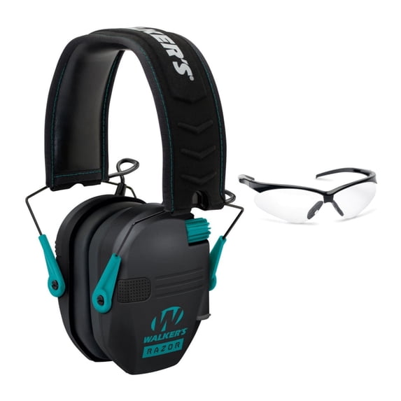 Walker’s Razor Slim Electronic Muff (Black/Teal) with Shooting Glasses (Clear)