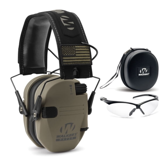 Walker’s Razor Slim Electronic Muff (FDE Patriot) with Case and Shooting Glasses