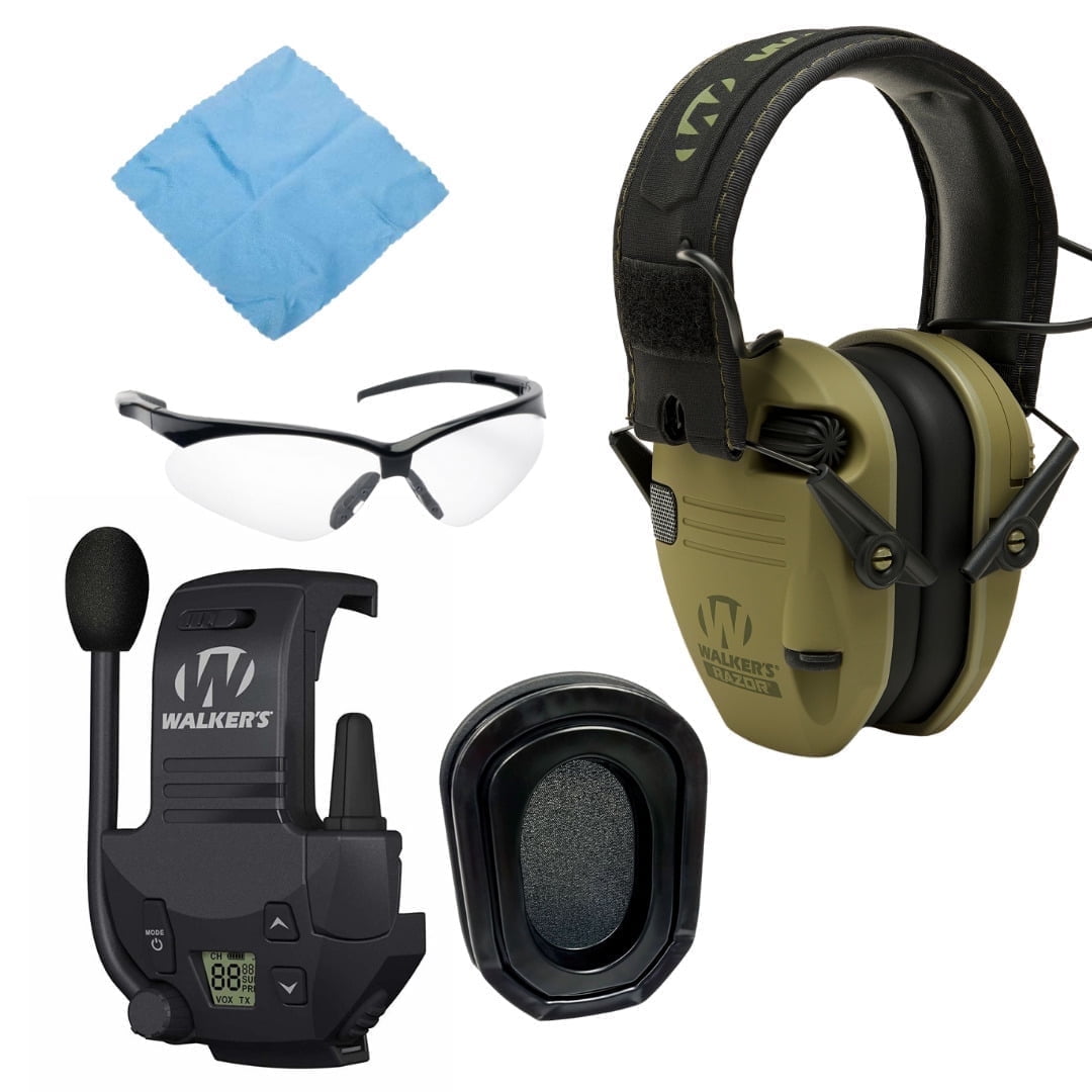 Walker's Razor Slim Electronic Earmuff Bundle - OD Green, With Walkie Talkie, Glasses & Cloth