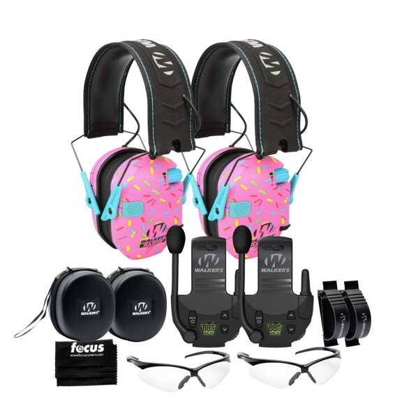 Walker's Razor Slim Electronic Muff (Pink Sprinkles, 2-Pack) Bundle with Walkie Talkie Attachment and Accessories (12 Items)
