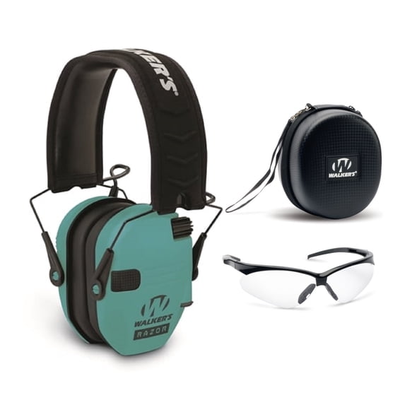 Walker's Razor Slim Electronic Shooting Earmuffs (Teal) with Case and Glasses