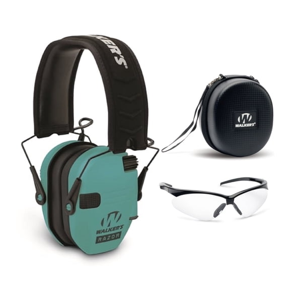 Walker's Razor Slim Electronic Shooting Earmuffs (Teal) with Case and Glasses