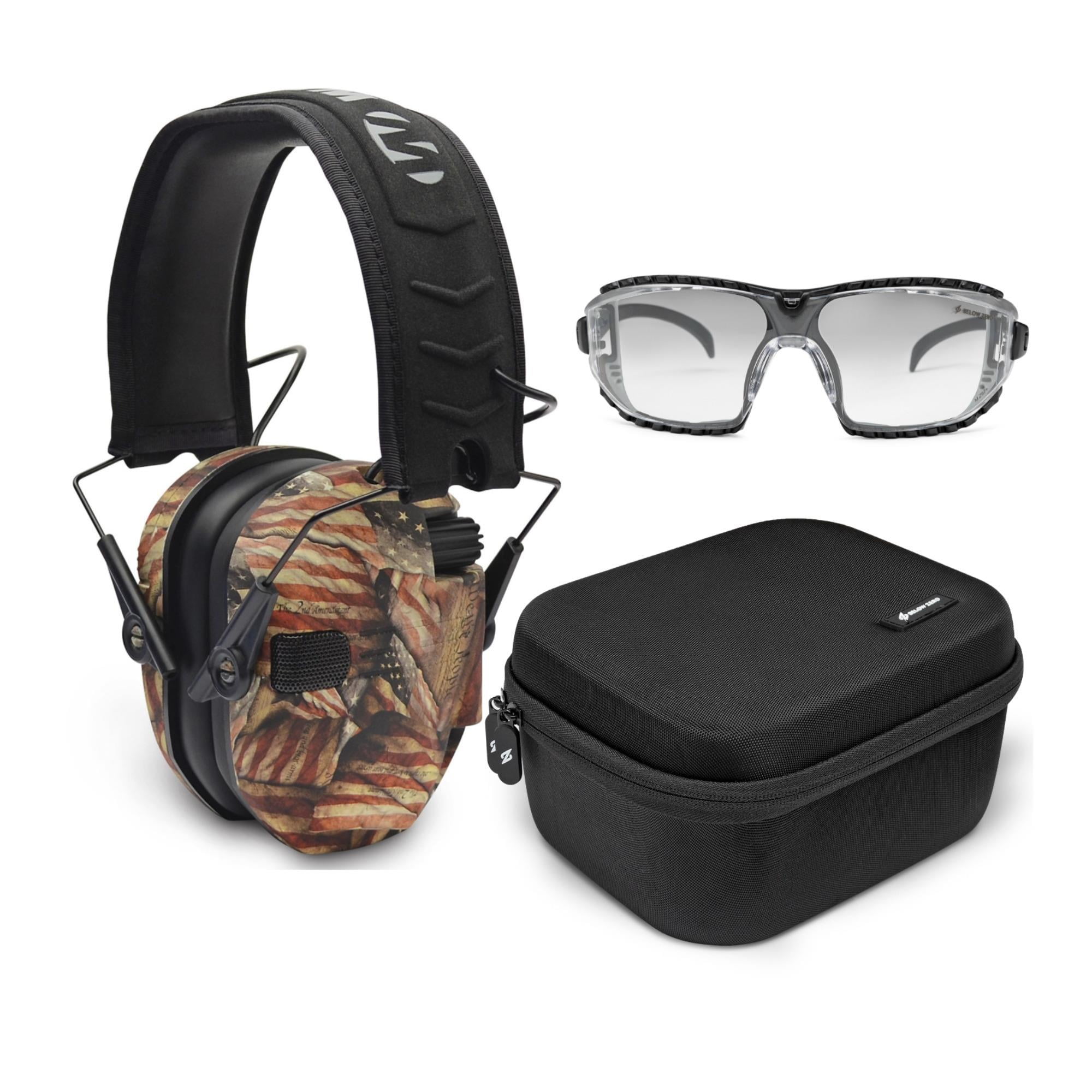 Walker's Razor Slim Electronic Shooting Muff (American Flag) Bundle with Case, and Glasses