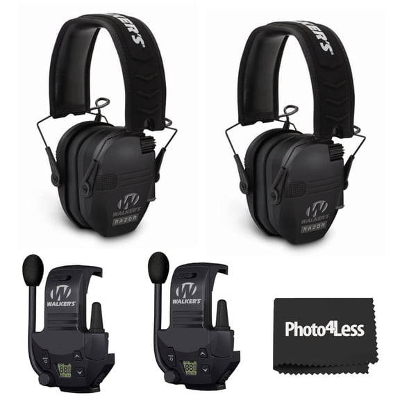 Walker's Razor Slim Ultra Low Profile Compact Design Adjustable Hearing Protection Electronic Earmuffs - Black Bundle With WALKER'S Razor Walkie Talkie Attachment - 22 Channels 3 Miles Range (2 Pack)