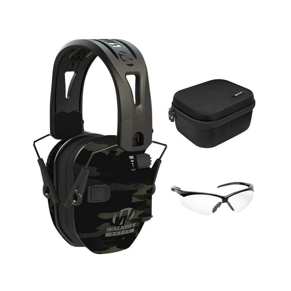 Walker's Razor Tacti-Grip Electronic Ear Muff (Multicam Gray Camo) Bundle with Shooting Glasses and Hard Case (3 Items)