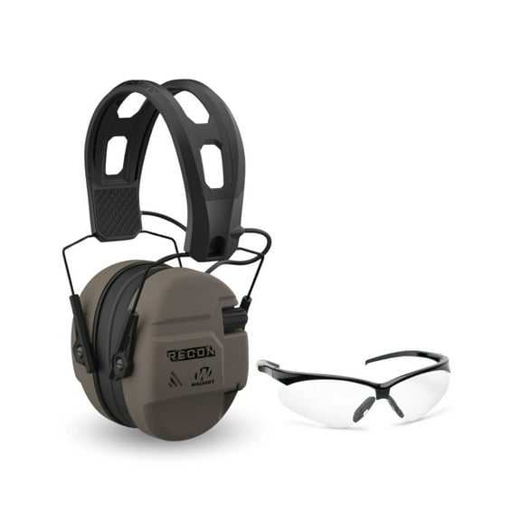 Walker's Recon Low-Profile Digital Electronic Muff with SAC Technology and NRR 26 (Flat Dark Earth) Bundle with Walker's Crosshair Sport Glasses (Clear) (2 Items)