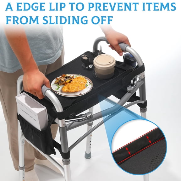 Walker tray accessory with multiple storage bags, waterproof walker tray with cup holder, portable, black.
