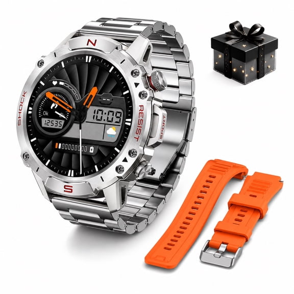 WalkerFit Smart Watch for Android and iPhone,Military Watch for Men, Bluetooth Calling Smartwatch, 5ATM Waterproof, 1.43" AMOLED Screen, Silver, 2 Straps,Ideal Gift