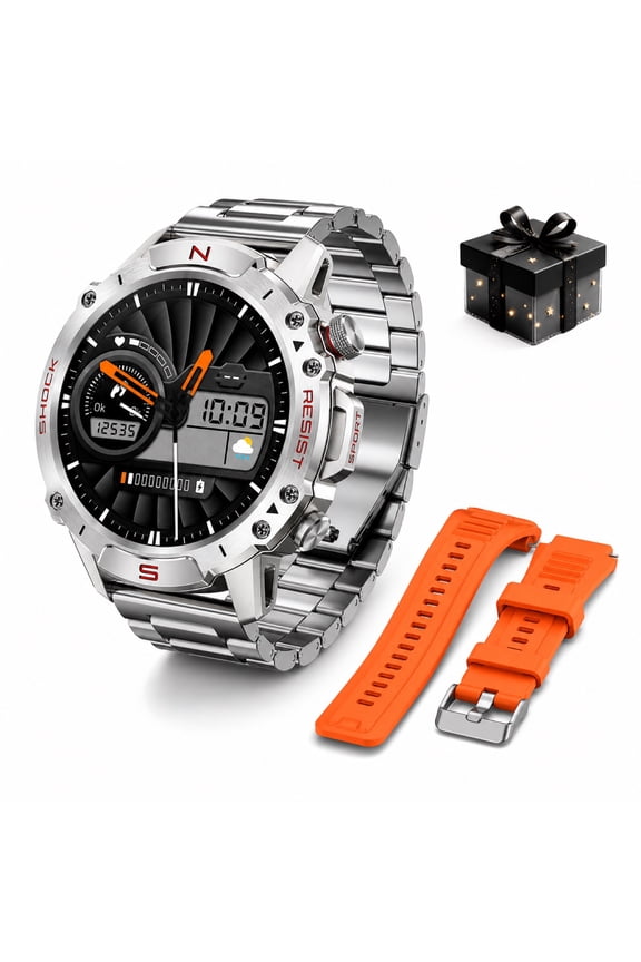 Smart Watch for Android and iPhone,Military Watch for Men, Bluetooth Calling Smartwatch, 5ATM Waterproof, 1.43" AMOLED Screen, Silver, 2 Straps,Ideal Gift