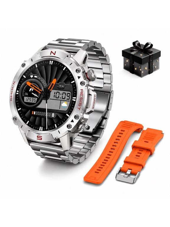 Smart Watch for Android and iPhone,Military Watch for Men, Bluetooth Calling Smartwatch, 5ATM Waterproof, 1.43" AMOLED Screen, Silver, 2 Straps,Ideal Gift
