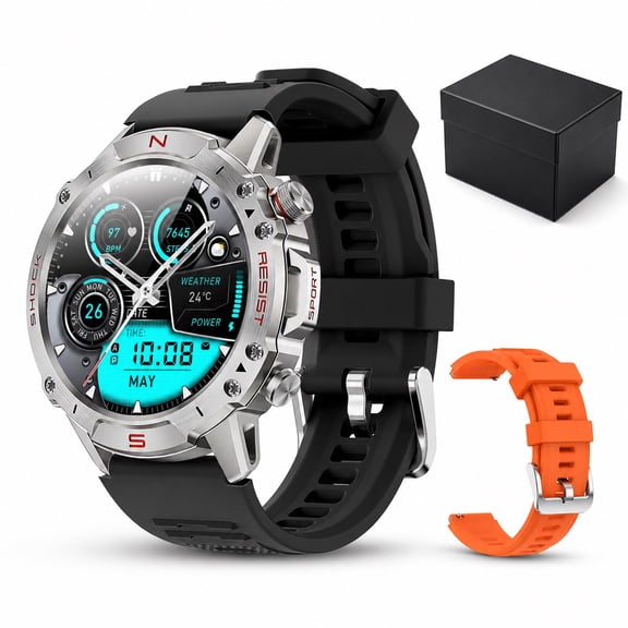 WalkerFit Smart Watch for Android and iPhone,Sport Watch for Men, Bluetooth Calling Smartwatch, 5ATM Waterproof, 1.43" AMOLED Screen, Black,2 Silicone Straps Ideal Gift