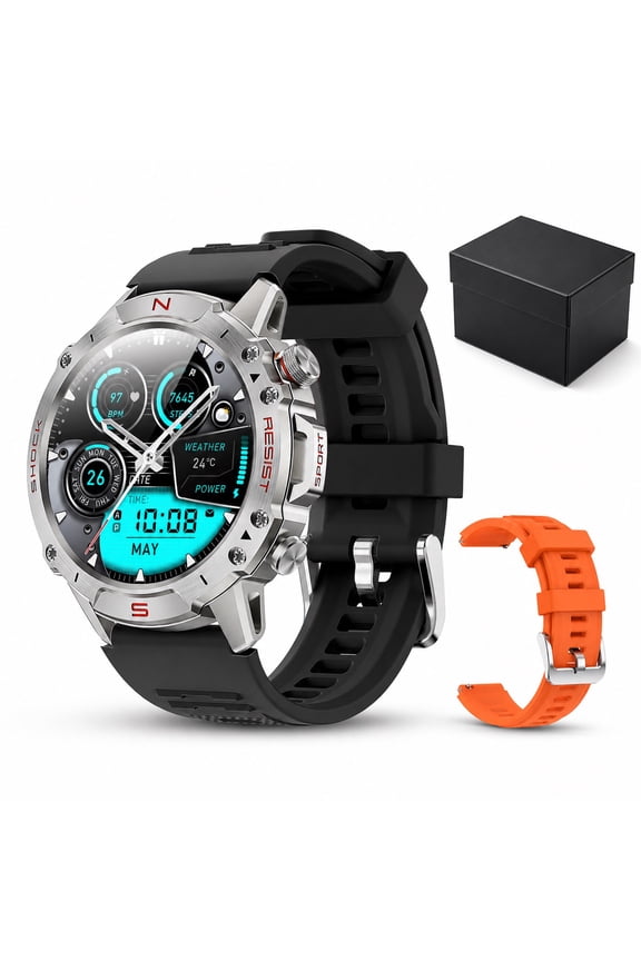 Smart Watch for Android and iPhone,Sport Watch for Men, Bluetooth Calling Smartwatch, 5ATM Waterproof, 1.43" AMOLED Screen, Black,2 Silicone Straps Ideal Gift