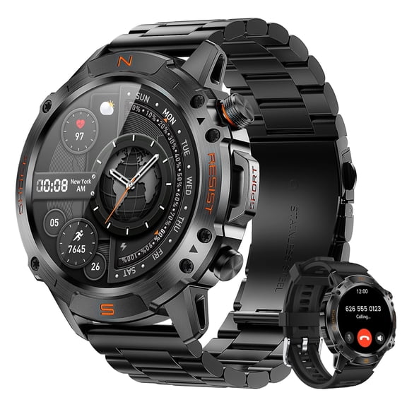 Smart Watch Fits for Android and iPhone, Bluetooth Calling AMOLED Military Watch, 178 Sports Modes, 50M Waterproof, 2 Straps, Black