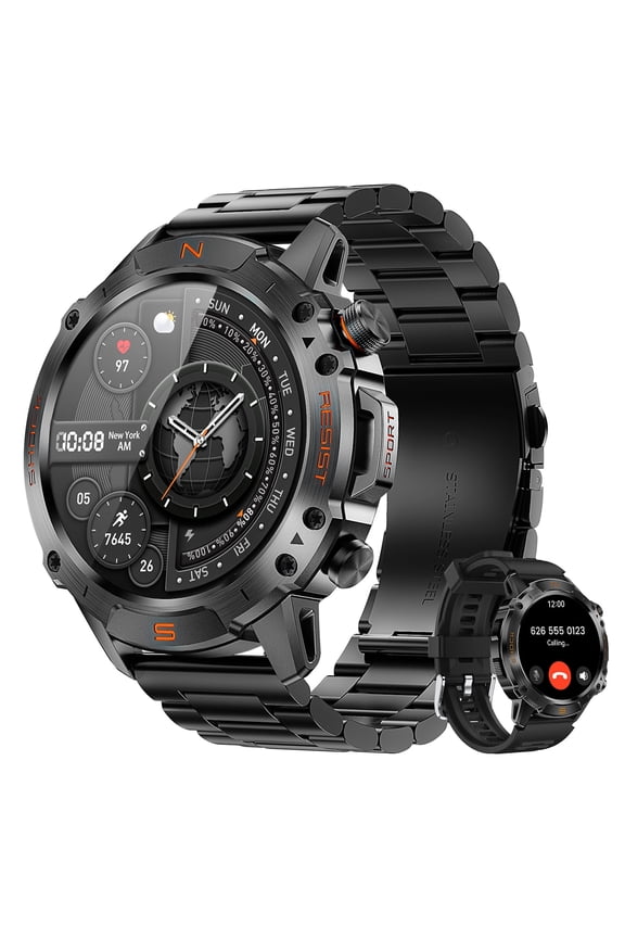 Smart Watch Fits for Android and iPhone, Bluetooth Calling AMOLED Military Watch, 178 Sports Modes, 50M Waterproof, 2 Straps, Black