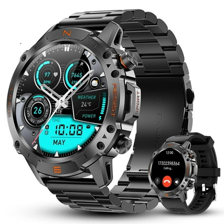 WalkerFit Smart Watch for Men, 1.43" Round AMOLED, 5ATM Waterproof, Long Battery, for iPhone Android, Stianless Steel Strap
