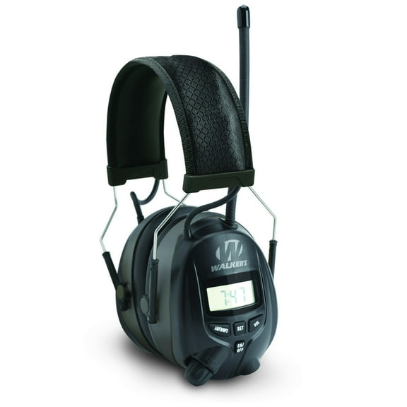WALKER'S Digital AM/FM Radio Muff - 25dB Noise Reduction Rating Hunting Shooting Hearing Protection Electronic Earmuffs w/ Radio, MP3/CD Player Jack, 2 AAA Batteries Included