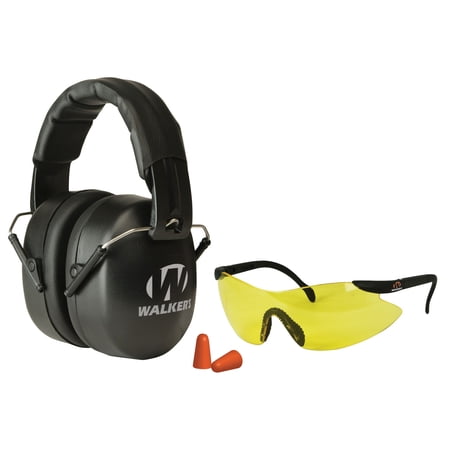 Walker's GWPFM3GFP Passive EXT Safety Combo,Compact 30dB NRR Noise-Blocking Hearing Protection Passive Muff, Pair of Shooting Glasses