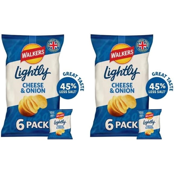 Walkers Lightly Cheese & Onion Crisps, 45% Less Salt.2 x 6 Packs - British Potato Crisps