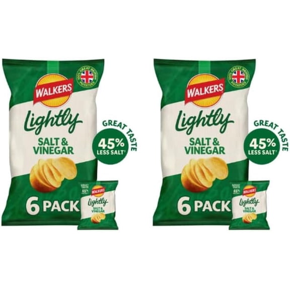 Walkers Lightly Salt & Vinegar Crisps, 45% Less Salt , 2 x 6 Packs - British Crisps