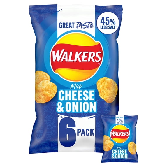 Walkers Mild Cheese & Onion Less Salt Multipack Crisps 6x25g, Imported from Britain