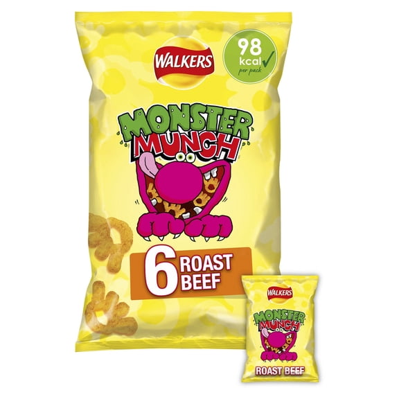 Walkers Monster Munch Roast Beef Multipack Crisps 6x20g, Imported from Britain