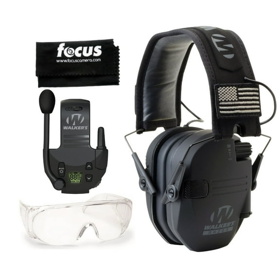 Walkers Razor Digital Ear Muffs (Black Patriot Version) Bundle with Two-Way Radio Attachment, Glasses and Cleaning Cloth