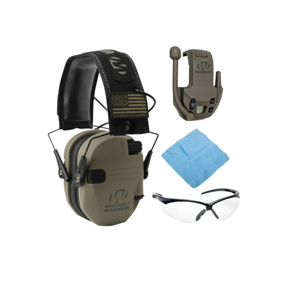 Walkers Razor Slim Electronic Muff (FDE Patriot Version) Bundle with Walkers Razor Walkie Talkie Attachment, Walkers Crosshair Sport Shooting Glasses (Clear), and Microfiber Cleaning Cloth (4 Items)