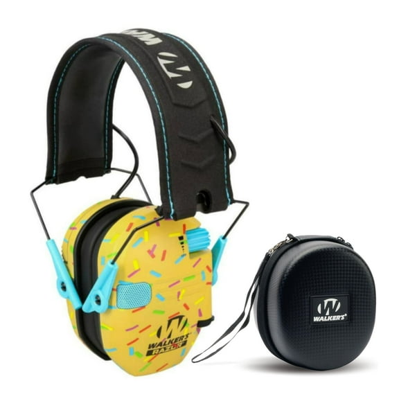 Walkers Razor Slim Electronic Muff with Full-Range Speakers and Omnidirectional Mic (Gold Sprinkles) Bundle with Hearing Protection Case (Black) (2 Items)