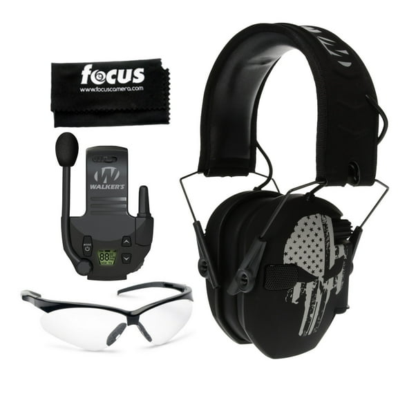 Walkers Razor Walkie Talkie Bundle with Ear Muffs Freedom Series (Punisher), Clear Shooting Glasses, and Microfiber Cleaning Cloth (4 Items)
