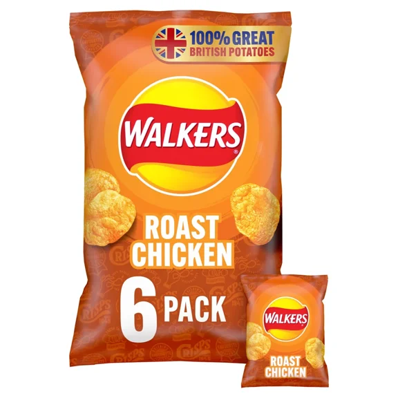 Walkers Roast Chicken Multipack Crisps - 6 x 25g bags - British Snack