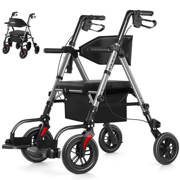 Walkers for Seniors, 2 in 1 Rollator Wheelchairs Combo 10" Big Wheels Walker with Seat, Rollator Transport Chair with Brakes Folding Rolling Walker for Adults, Grey
