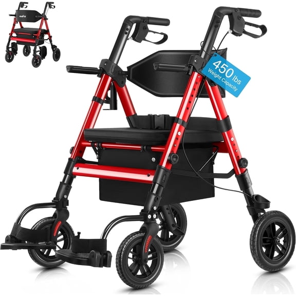 Heavy Duty Rollator Walker for Seniors with Seat, 2 in 1 Rollator Transport Chair with Brakes, 450 lb Rolling Walker 10" Big Wheels for All Terrain, Red