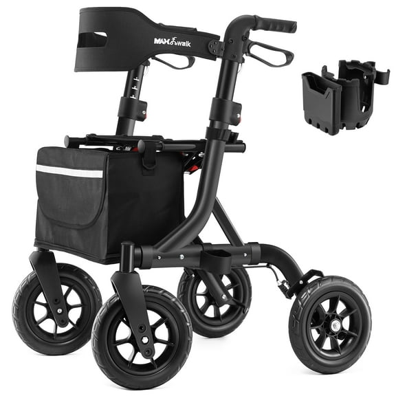 Walkers for Seniors, Rollator Walker with Seat, 10" Rubber Wheels All Terrain Rollator Walker with Backrest, Aluminum Walkers Built-in Cable, Foldable and Adjustable Height for Seniors, Black