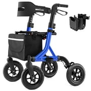 Walkers for Seniors, Rollator Walker with Seat, 10" Rubber Wheels All Terrain Rollator Walker with Backrest, Aluminum Walkers Built-in Cable, Foldable and Adjustable Height for Seniors, Blue
