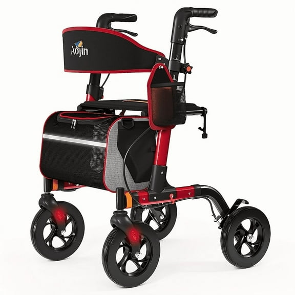 Walkers for Seniors, Rollator Walker with Seat, 350 lb Weight Capacity, 18" Big Seat, 8" All-Terrain Wheels, 6-Level Adjustable Height, Lightweight Aluminum Frame Rollator Walkers for Seniors (RED)