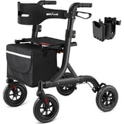 Walkers for Seniors, Rollator Walker with Seat, 8" Rubber Wheels All Terrain Rollator Walker with Backrest, Aluminum Walkers Built-in Cable, Foldable and Adjustable Height for Seniors, Black