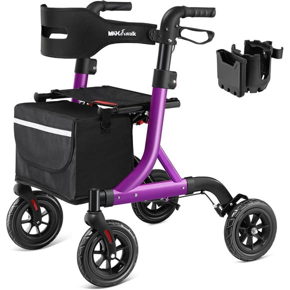Walkers for Seniors, Rollator Walker with Seat, 8" Rubber Wheels All Terrain Rollator Walker with Backrest, Aluminum Walkers Built-in Cable, Foldable and Adjustable Height for Seniors, Purple