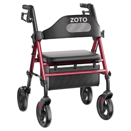 ZOTO Foldable Rollator Walker with Seat for Seniors, Height Adjustable Lightweight Rolling Walker with Sturdy Reinforced Carbon Steel Frame, Red (VR2-RD)